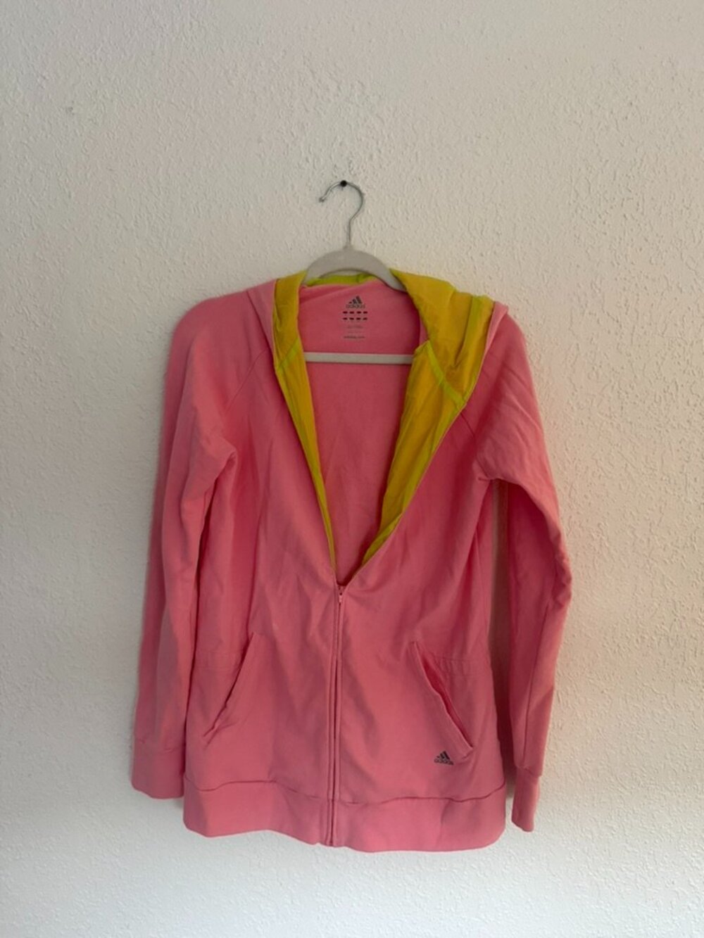 Adidas Performance Pink Full Zip Hooded Jacket Neon Yellow Trim Size L